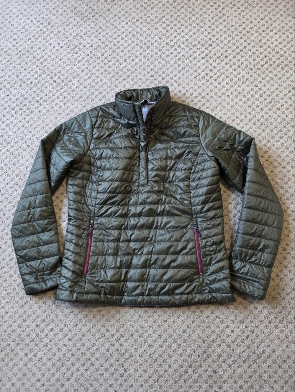 Orvis Olive Green Quilted Women's Half-snap Puffer with Pink Zipper Accents